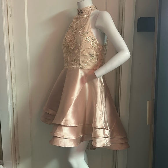 NWT Le Chateau high low fit flare blush pink embroidered mesh satin skater dress - Picture 3 of 7